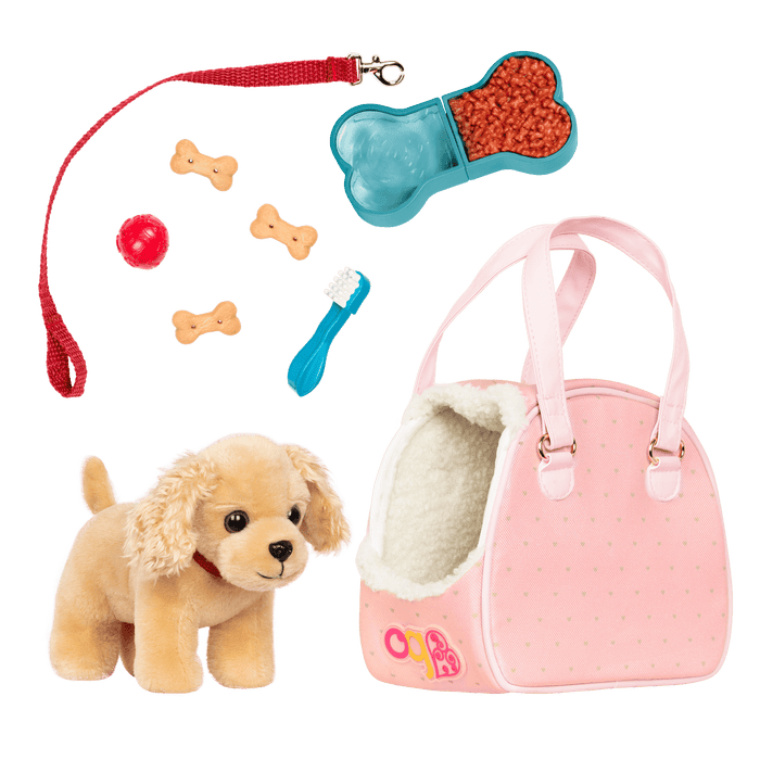Cocker spaniel dog plushie in pet carrier