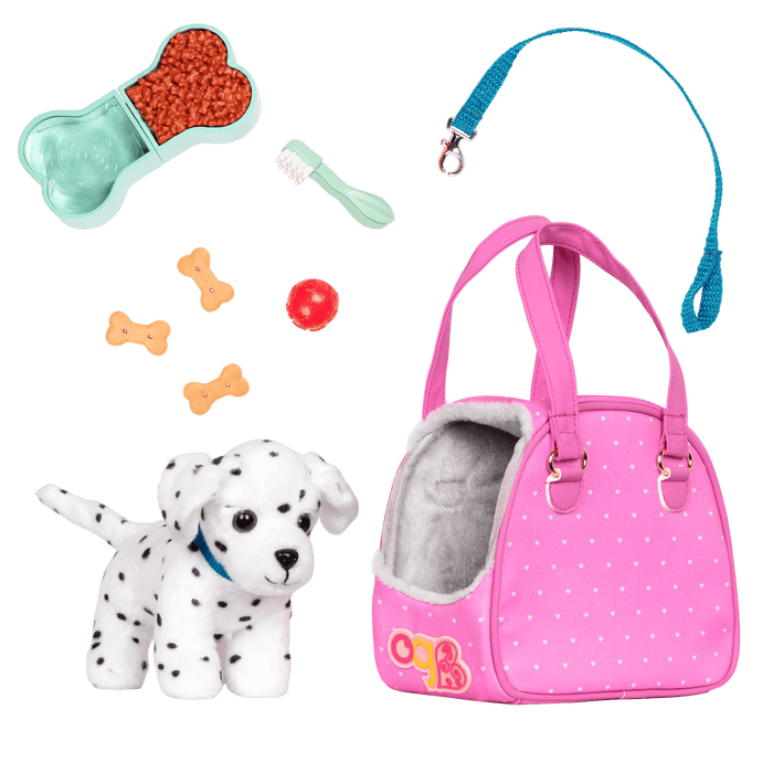 Dalmatian dog plushie in pet carrier