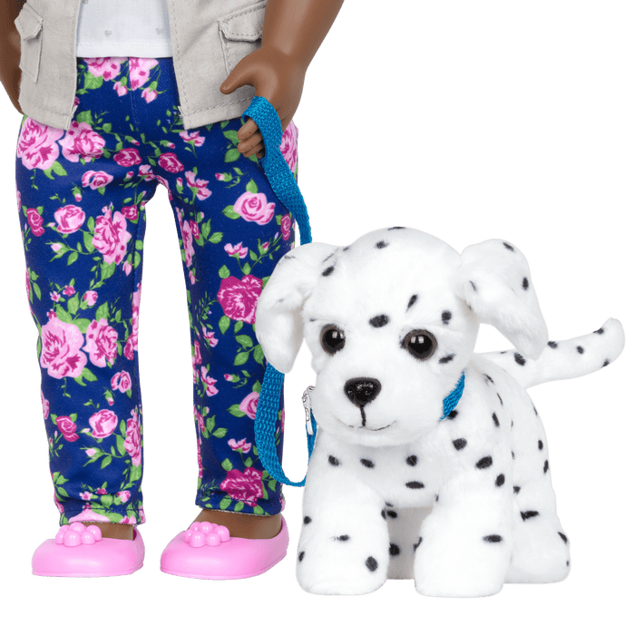 Dalmatian dog plushie in pet carrier