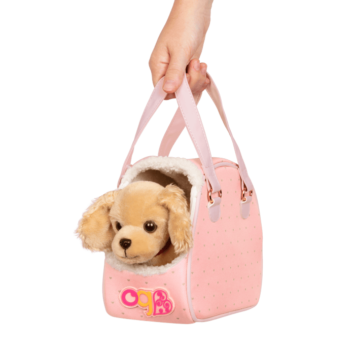 Cocker spaniel dog plushie in pet carrier