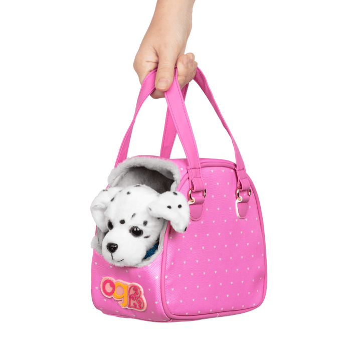 Dalmatian dog plushie in pet carrier