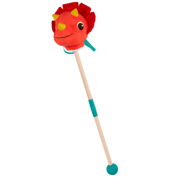 Plush dino hobbyhorse triceratops with wooden stick, sounds, and sensory textures