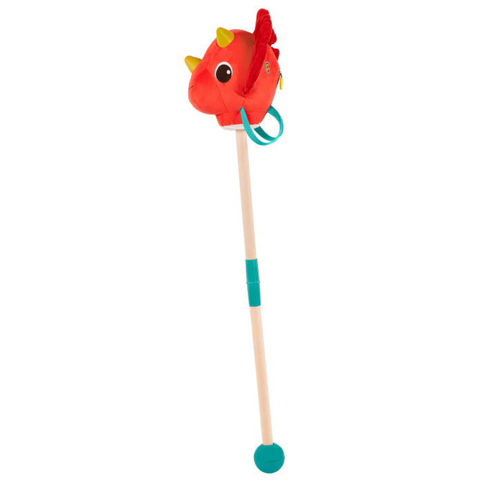 Plush dino hobbyhorse triceratops with wooden stick, sounds, and sensory textures