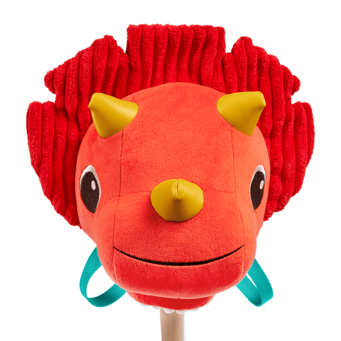 Plush dino hobbyhorse triceratops with wooden stick, sounds, and sensory textures