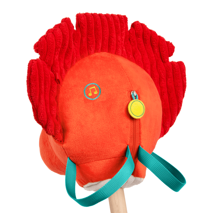 Plush dino hobbyhorse triceratops with wooden stick, sounds, and sensory textures