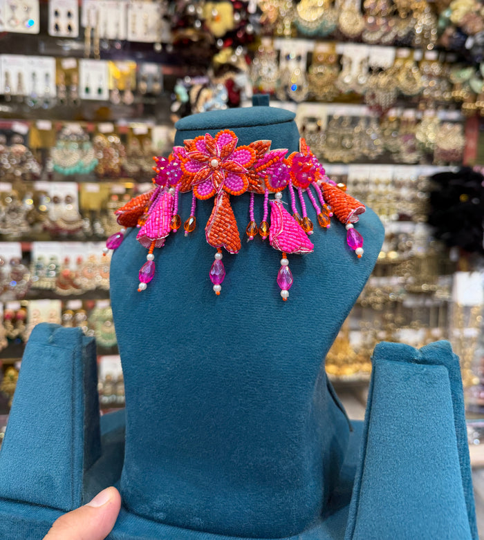 Hot Pink & Orange Floral Bride Haldi Mehendi Jewellery Set