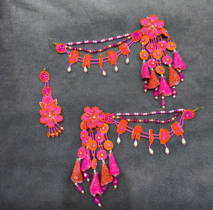 Hot Pink & Orange Floral Bride Haldi Mehendi Jewellery Set