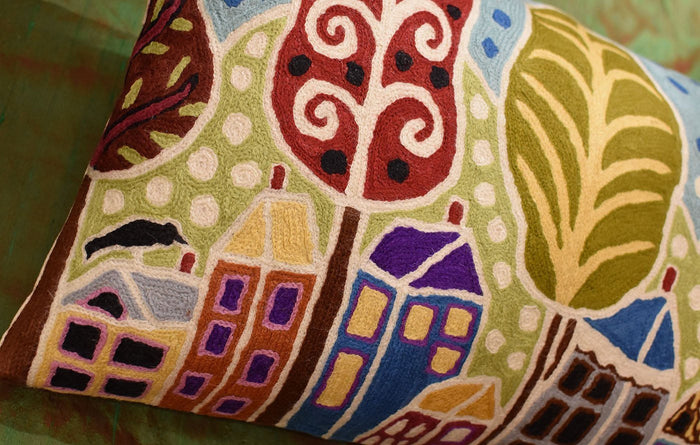 Houses Trees Birds Karla Gerard Accent Pillow Cover Handembroidered Wool 14"x24" - KashmirDesigns