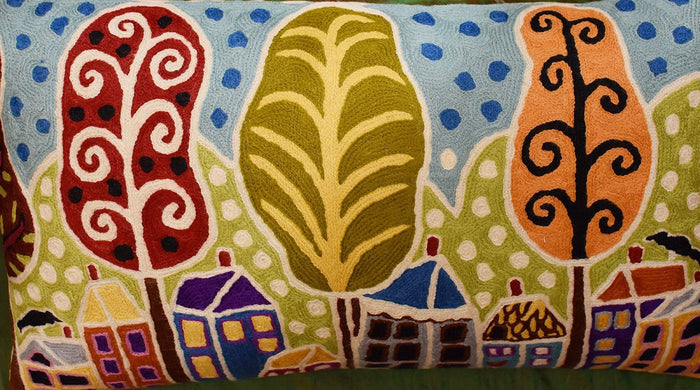 Houses Trees Birds Karla Gerard Accent Pillow Cover Handembroidered Wool 14"x24" - KashmirDesigns