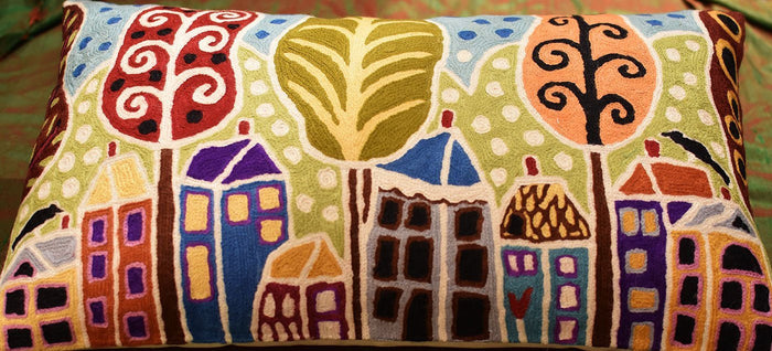 Houses Trees Birds Karla Gerard Accent Pillow Cover Handembroidered Wool 14"x24" - KashmirDesigns