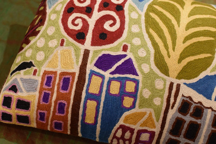 Houses Trees Birds Karla Gerard Accent Pillow Cover Handembroidered Wool 14"x24" - KashmirDesigns
