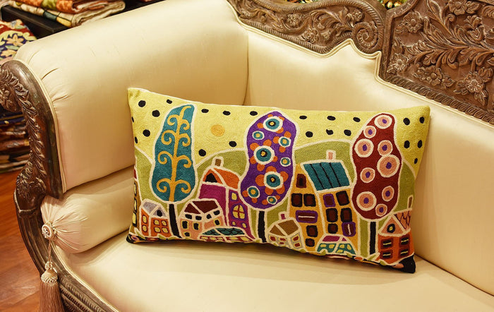 Houses Trees Flowers Karla Gerard Throw Pillow Cover Handembroidered Wool 14"x24" - KashmirDesigns