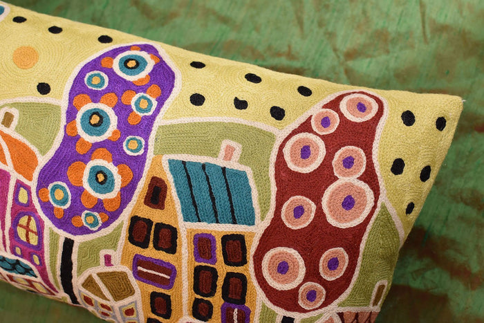 Houses Trees Flowers Karla Gerard Throw Pillow Cover Handembroidered Wool 14"x24" - KashmirDesigns