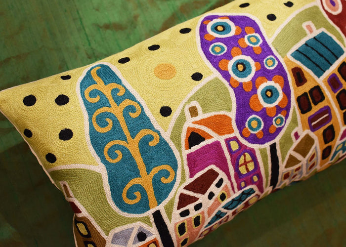 Houses Trees Flowers Karla Gerard Throw Pillow Cover Handembroidered Wool 14"x24" - KashmirDesigns