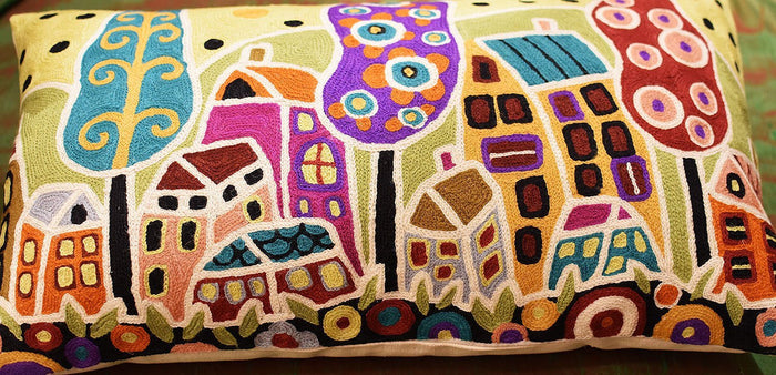Houses Trees Flowers Karla Gerard Throw Pillow Cover Handembroidered Wool 14"x24" - KashmirDesigns