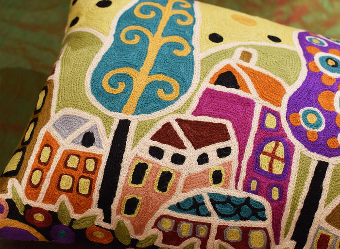 Houses Trees Flowers Karla Gerard Throw Pillow Cover Handembroidered Wool 14"x24" - KashmirDesigns