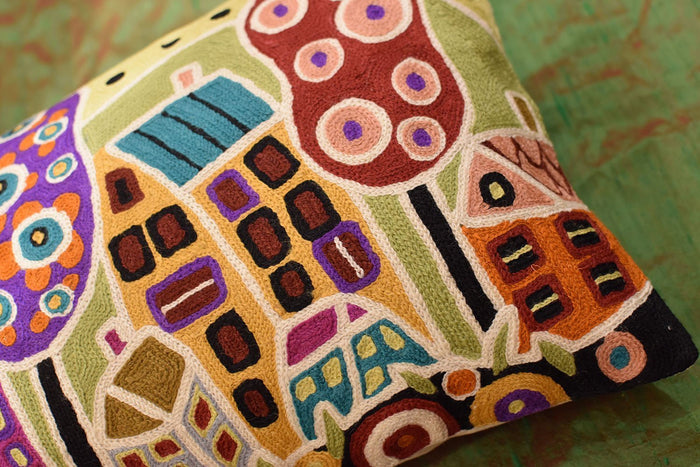 Houses Trees Flowers Karla Gerard Throw Pillow Cover Handembroidered Wool 14"x24" - KashmirDesigns