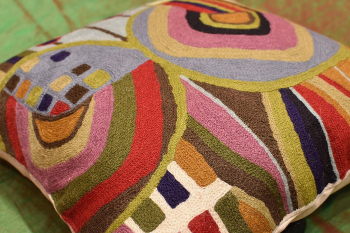 Hundertwasser Biomorph I Cushion Cover Hand Embroidered 18" x 18" - KashmirDesigns
