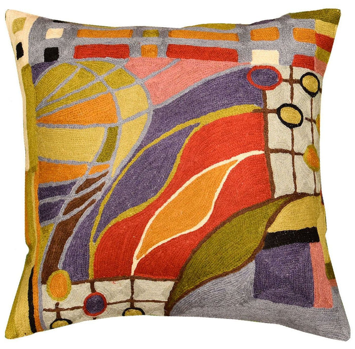 Hundertwasser Biomorph II Cushion Cover Hand Embroidered Wool 18x18" - KashmirDesigns