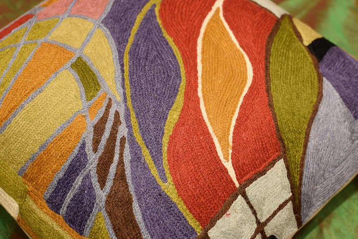 Hundertwasser Biomorph II Cushion Cover Hand Embroidered Wool 18x18" - KashmirDesigns