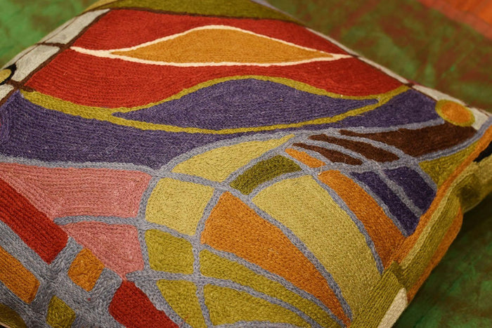 Hundertwasser Biomorph II Cushion Cover Hand Embroidered Wool 18x18" - KashmirDesigns