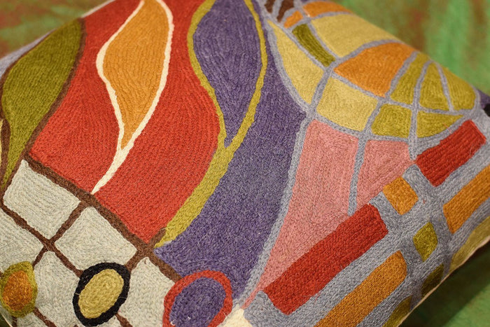 Hundertwasser Biomorph II Cushion Cover Hand Embroidered Wool 18x18" - KashmirDesigns