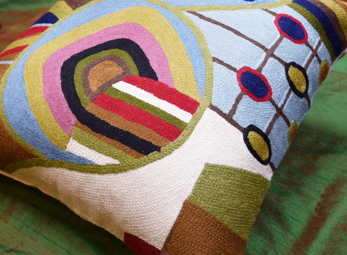 Hundertwasser Pillow Cover Blue Biomorph I Art Nouveau Cushions Hand Embroidered Wool 18x18"