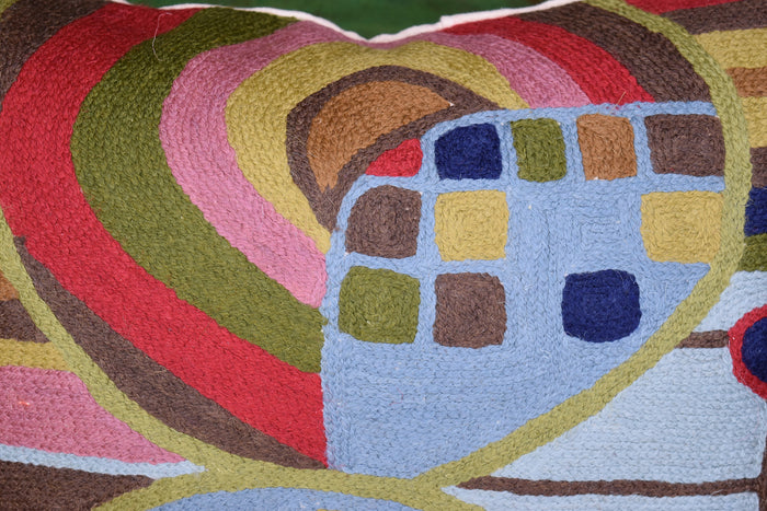 Hundertwasser Pillow Cover Blue Biomorph I Art Nouveau Cushions Hand Embroidered Wool 18x18"
