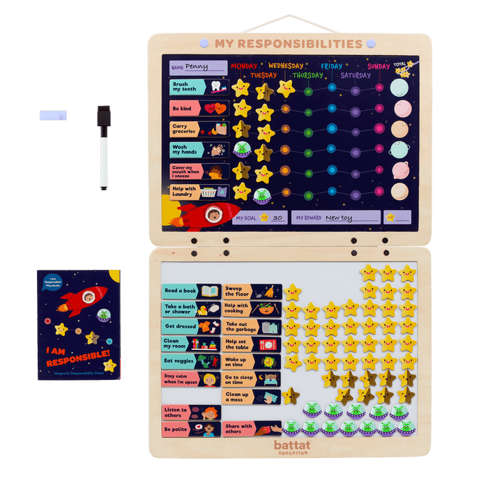 Space-themed responsibility chart with magnets, booklet, and dry-erase marker.