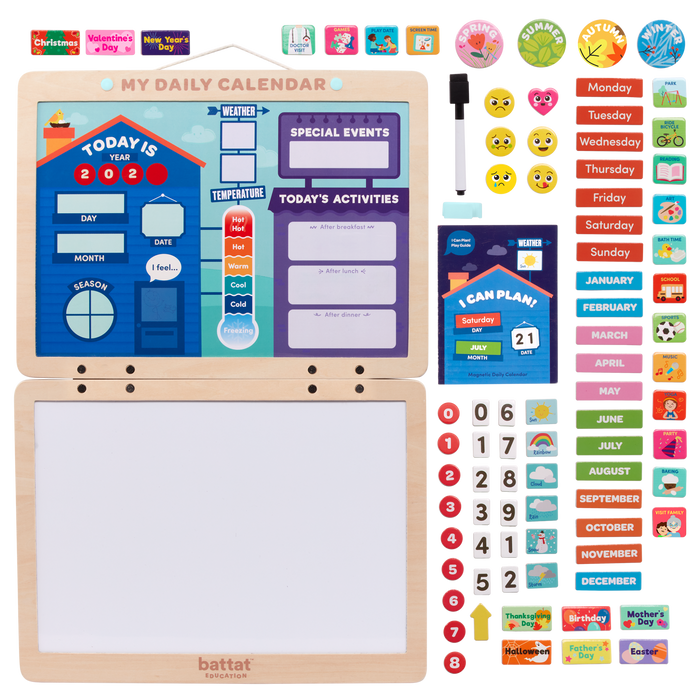 Calendar for kids with magnets, booklet, and dry-erase marker.