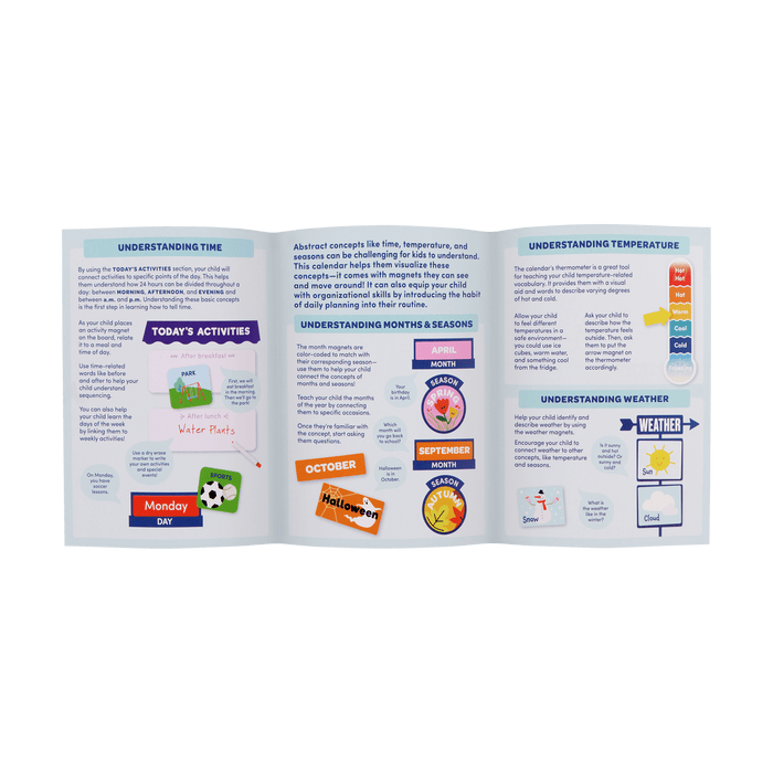 Calendar for kids with magnets, booklet, and dry-erase marker.