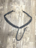 Gemstone fancy macrame  breast collar charcoal grey with rose quartz