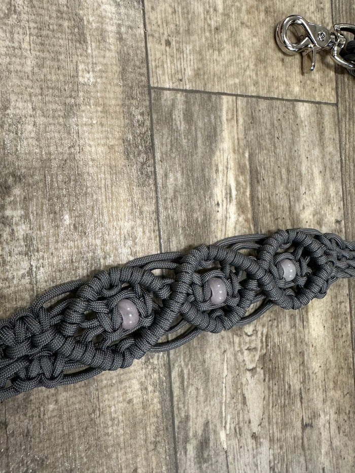 Gemstone fancy macrame  breast collar charcoal grey with rose quartz
