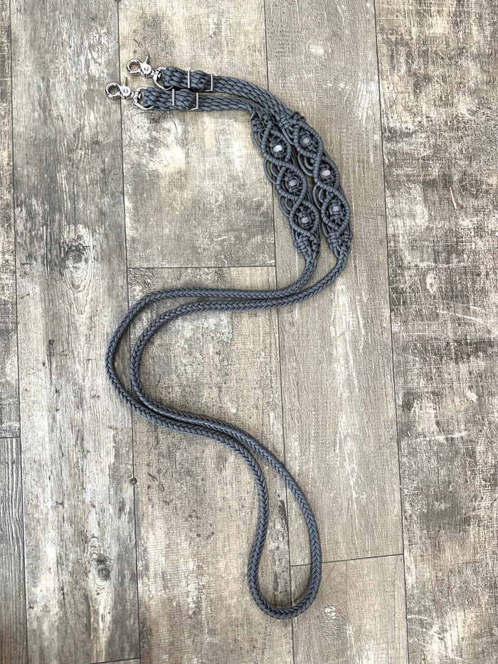 8' Fancy  braided loop reins black with amethyst