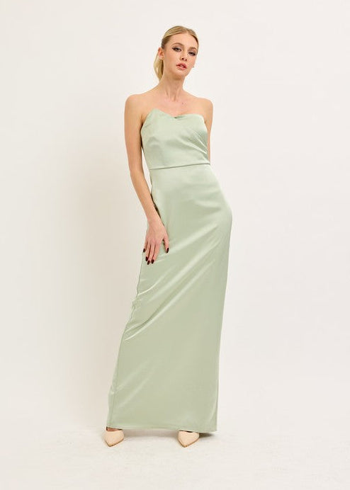 In The End Strapless Asymmetrical Satin Maxi Dress