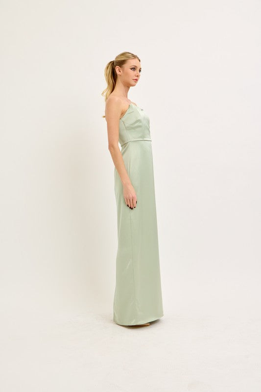 In The End Strapless Asymmetrical Satin Maxi Dress