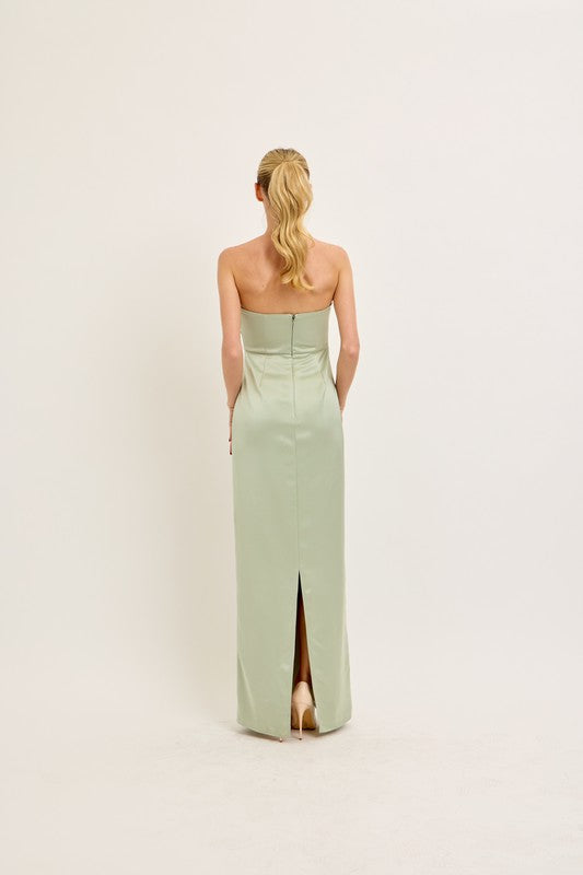 In The End Strapless Asymmetrical Satin Maxi Dress
