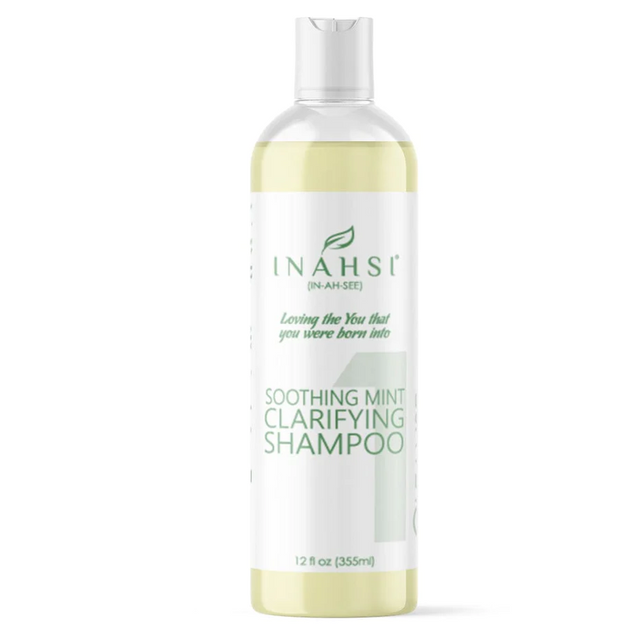 A bottle of Inahsi Naturals Soothing Mint Clarifying Shampoo against a white background.
