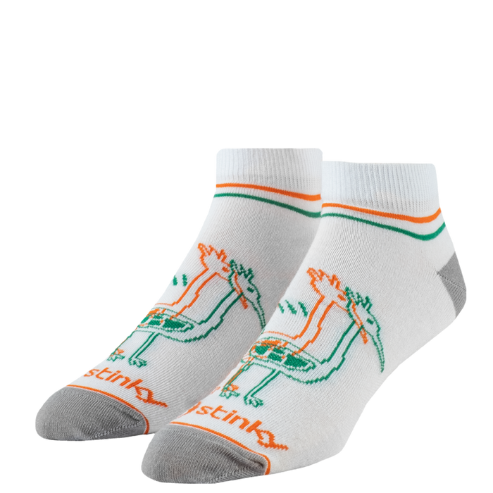 White socks with green and orange designs on a white background
