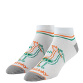 White socks with green and orange designs on a white background