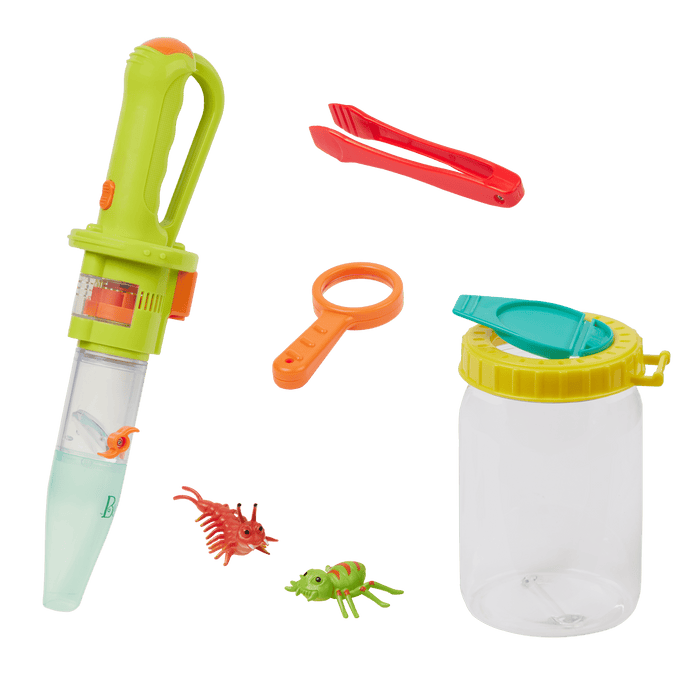 Bug catcher vacuum with magnifying glass, tweezers, toys, and capture jar