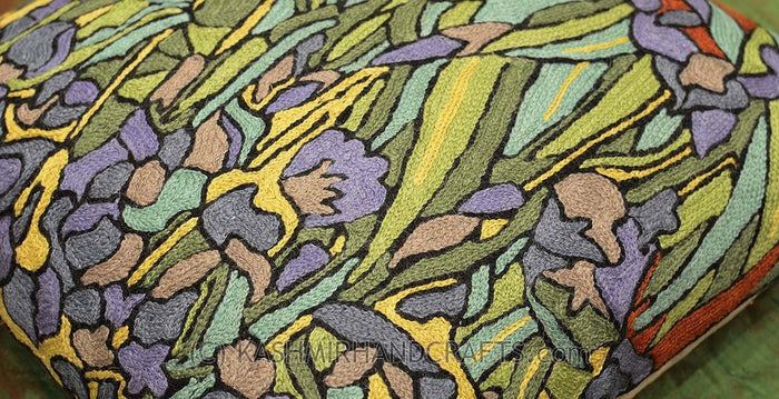 Irises Inspired Van Gogh Throw Pillow Cover Hand Embroidered 18" x 18" - KashmirDesigns