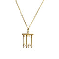 A gold-colored necklace featuring a pendant with white beads arranged in a vertical line, resembling a stylized earrings inspired by an ancient portrait.