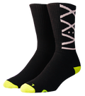 Black socks with a unique design on a white background