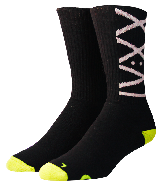 Black socks with a unique design on a white background