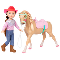14-inch posable doll with brown hair and blue eyes next to toy horse