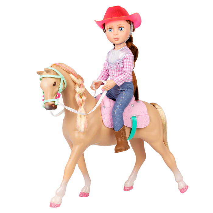 14-inch posable doll with brown hair and blue eyes next to toy horse