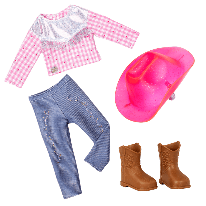 14-inch posable doll with brown hair and blue eyes next to toy horse