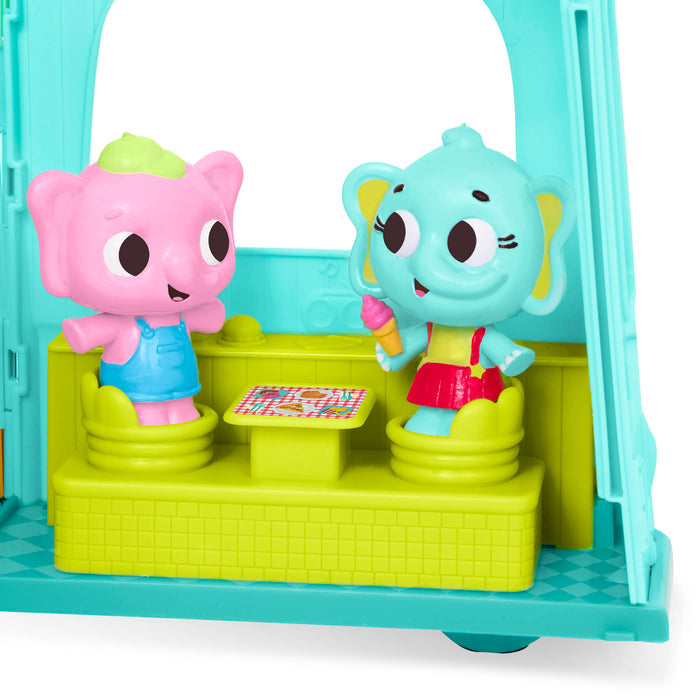 Toy food truck with 3 characters and stickers.