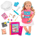 18-inch doll with blonde hair, green eyes, baking accessories and storybook